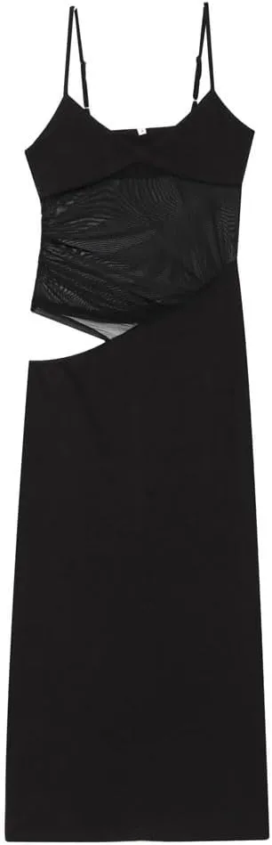 Women Hollow Sexy Evening Dress Backless Mesh Adjustable Spaghetti Straps Slim Fit Slit Midi Dress