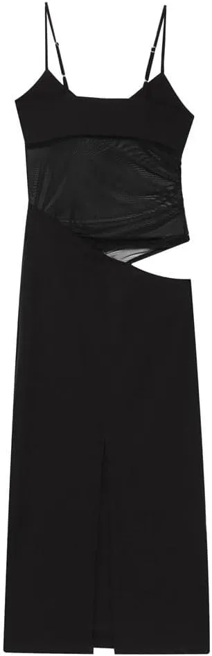 Women Hollow Sexy Evening Dress Backless Mesh Adjustable Spaghetti Straps Slim Fit Slit Midi Dress