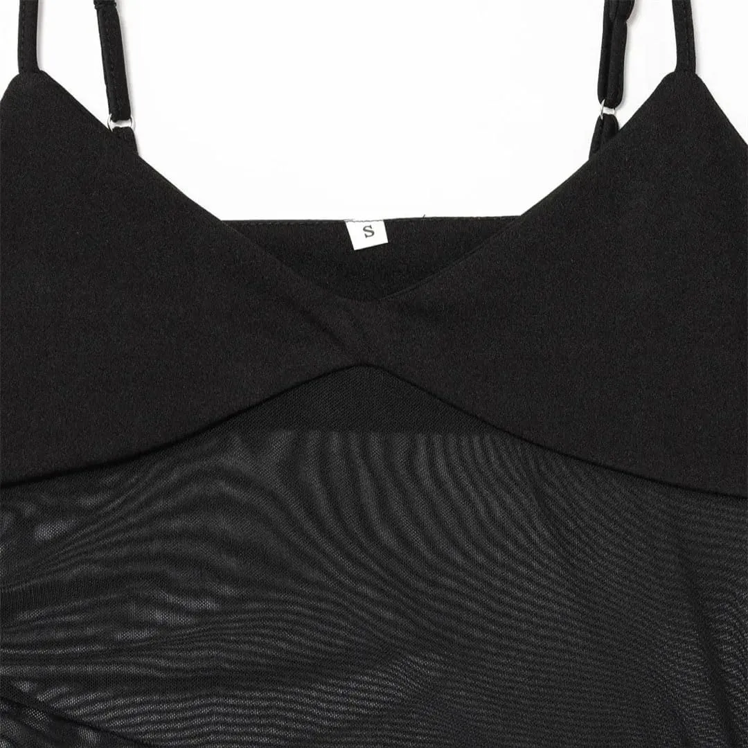 Women Hollow Sexy Evening Dress Backless Mesh Adjustable Spaghetti Straps Slim Fit Slit Midi Dress