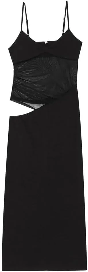 Women Hollow Sexy Evening Dress Backless Mesh Adjustable Spaghetti Straps Slim Fit Slit Midi Dress