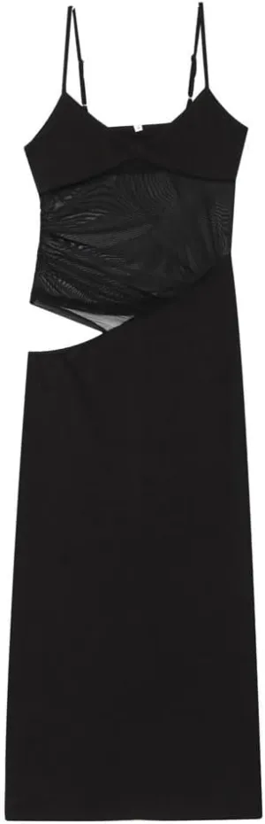 Women Hollow Sexy Evening Dress Backless Mesh Adjustable Spaghetti Straps Slim Fit Slit Midi Dress