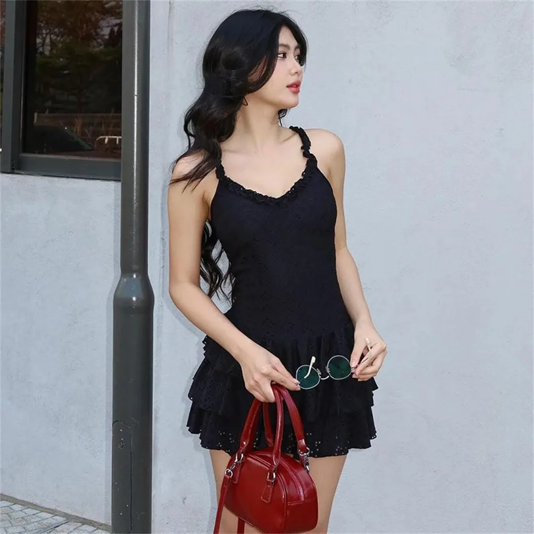 Women Mini Dress Summer Solid Neck Pleated Sexy Sleeveless Straps Line Casual Slim Lady Dresses