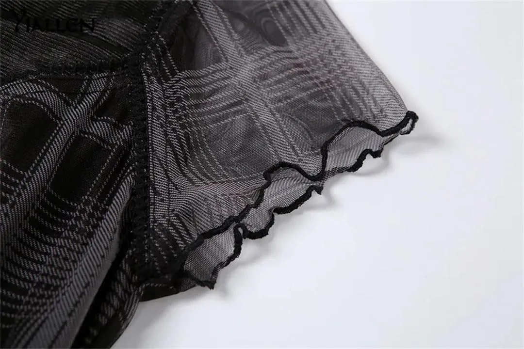 Women Plaid Black Lace Dress Harajuku Short Sleeve Line Party Sexy Mini Dress