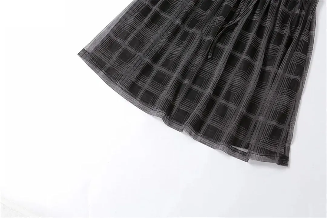 Women Plaid Black Lace Dress Harajuku Short Sleeve Line Party Sexy Mini Dress