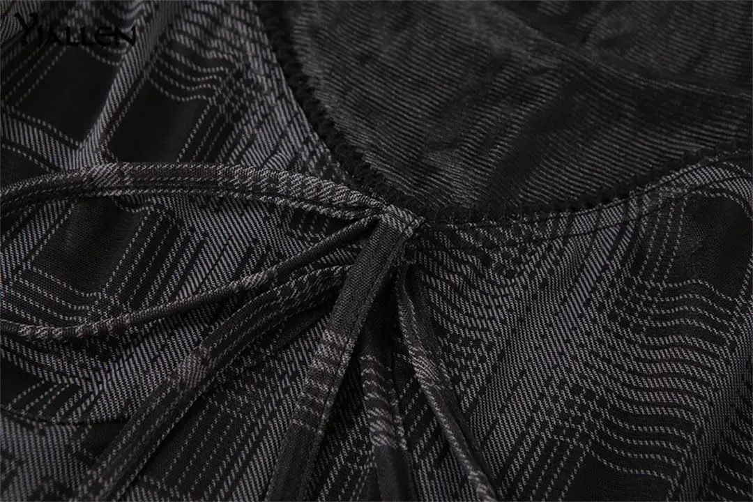 Women Plaid Black Lace Dress Harajuku Short Sleeve Line Party Sexy Mini Dress