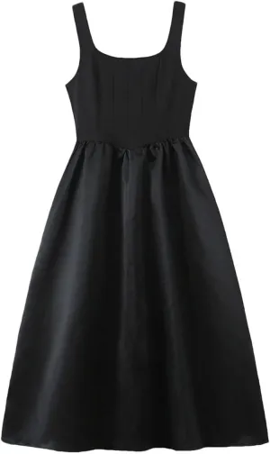 Women Pleated Design Sexy Dress Wide Hem Splicing Long Temperament Elegant Black Sleeveless Slim Dresses