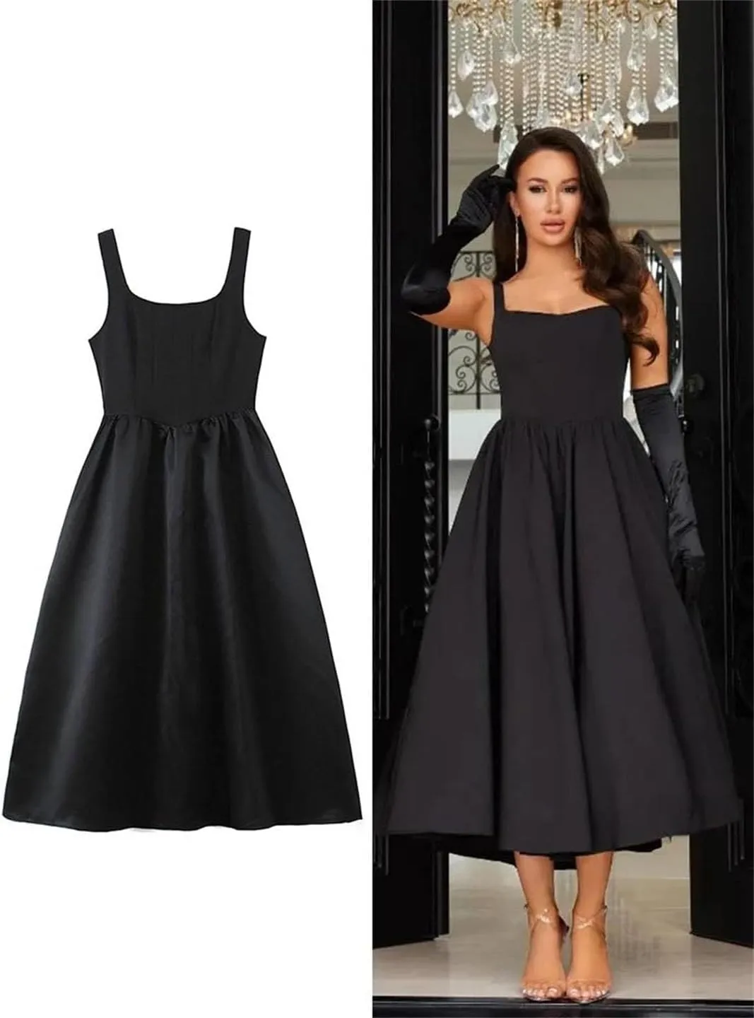 Women Pleated Design Sexy Dress Wide Hem Splicing Long Temperament Elegant Black Sleeveless Slim Dresses