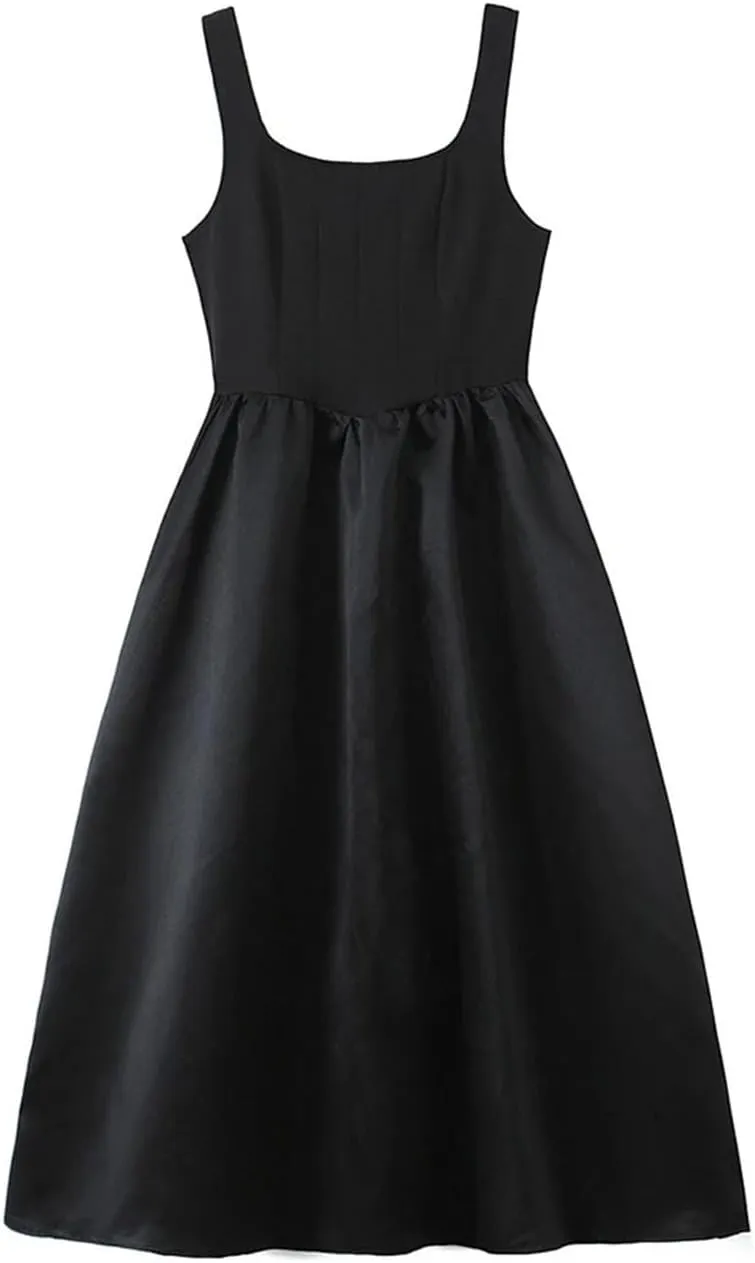 Women Pleated Design Sexy Dress Wide Hem Splicing Long Temperament Elegant Black Sleeveless Slim Dresses