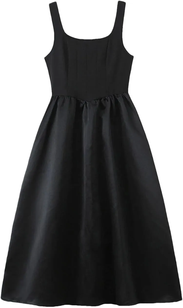 Women Pleated Design Sexy Dress Wide Hem Splicing Long Temperament Elegant Black Sleeveless Slim Dresses