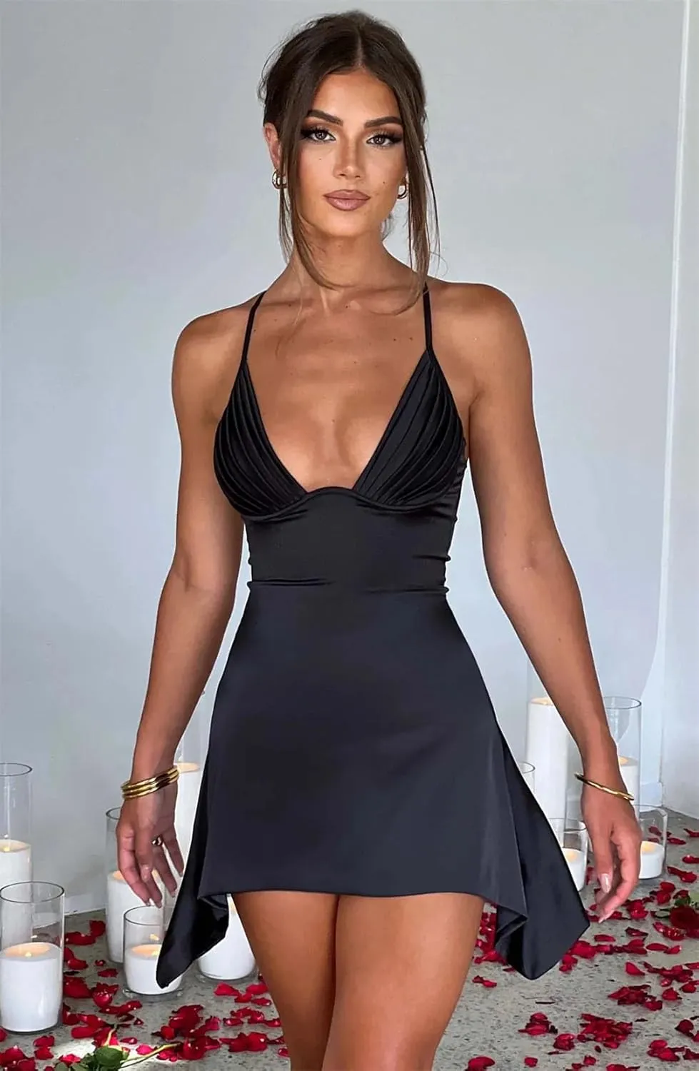 Women Sexy Neck Backless Halter Mini Dress Solid Color Cross Border Dress