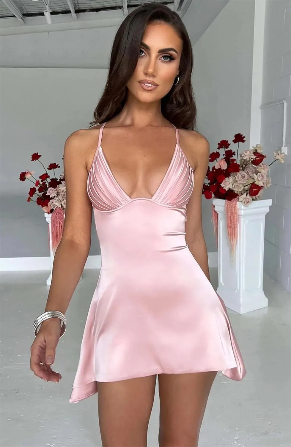 Women Sexy Neck Backless Halter Mini Dress Solid Color Cross Border Dress