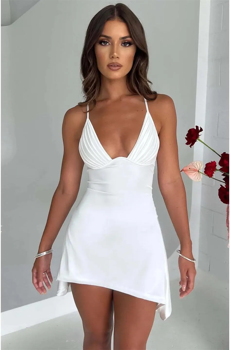 Women Sexy Neck Backless Halter Mini Dress Solid Color Cross Border Dress