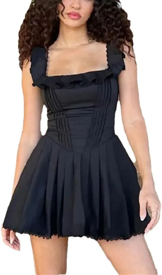 Women Sexy Square-Neck Mini Dress Elegant Ruffles Sleeveless Slim Line Casual for Summer Vestidos Dresses