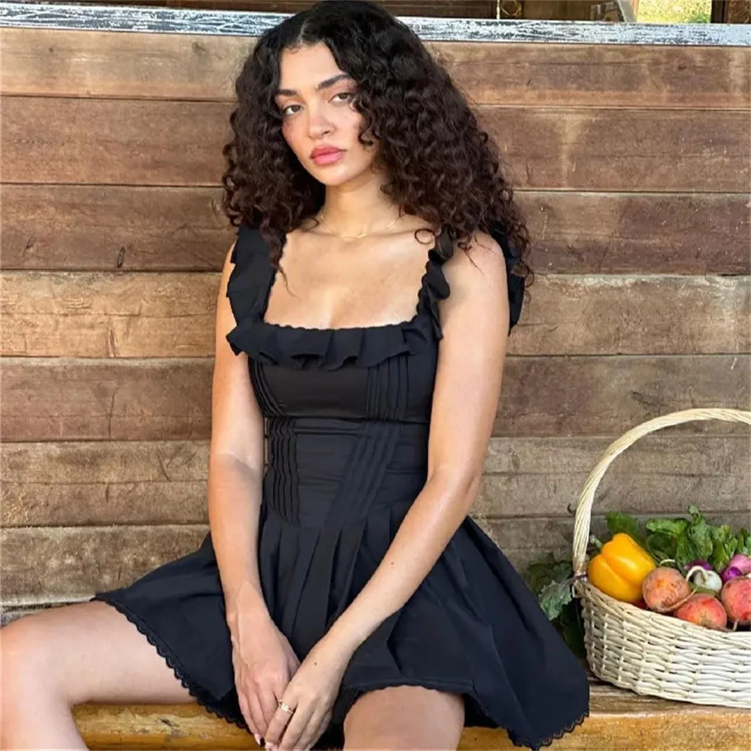 Women Sexy Square-Neck Mini Dress Elegant Ruffles Sleeveless Slim Line Casual for Summer Vestidos Dresses