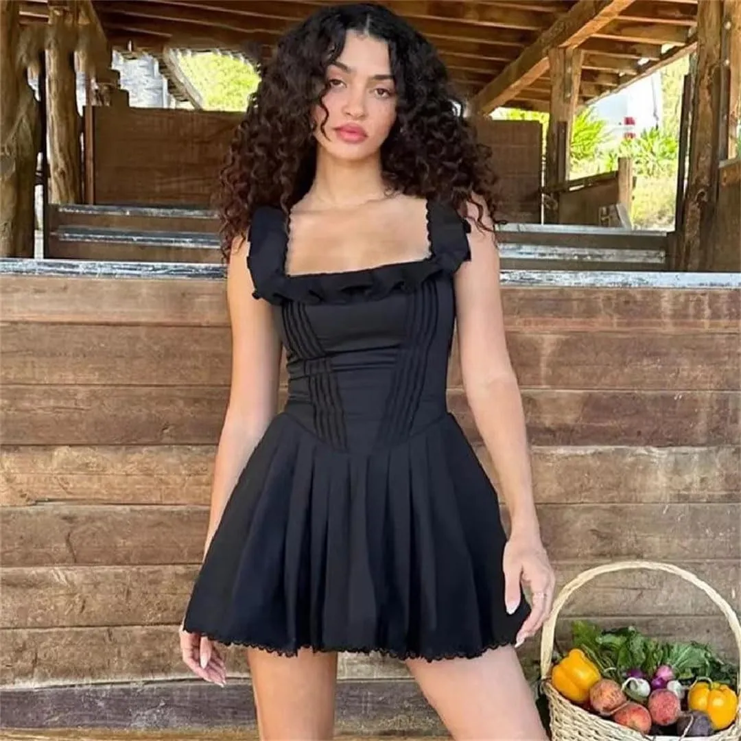 Women Sexy Square-Neck Mini Dress Elegant Ruffles Sleeveless Slim Line Casual for Summer Vestidos Dresses