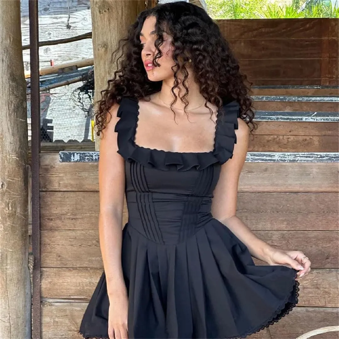 Women Sexy Square-Neck Mini Dress Elegant Ruffles Sleeveless Slim Line Casual for Summer Vestidos Dresses