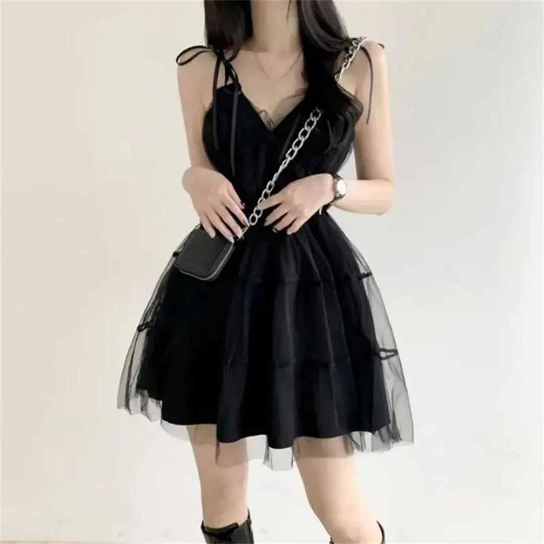 Women Summer Black Mesh Ball Gown Dresses Sleeveless Strapless Neck Party Sexy Mini Dress