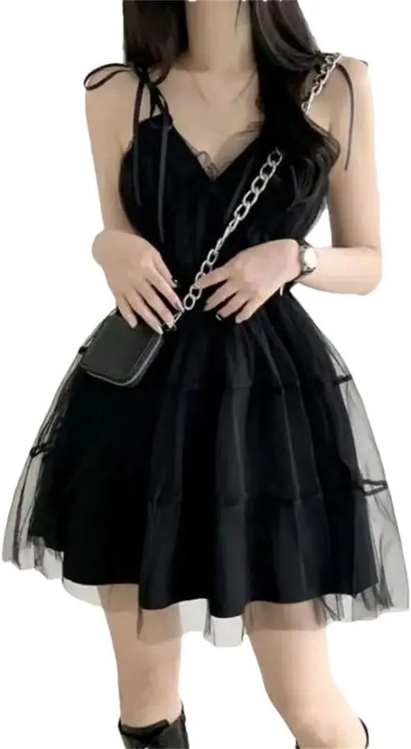 Women Summer Black Mesh Ball Gown Dresses Sleeveless Strapless Neck Party Sexy Mini Dress