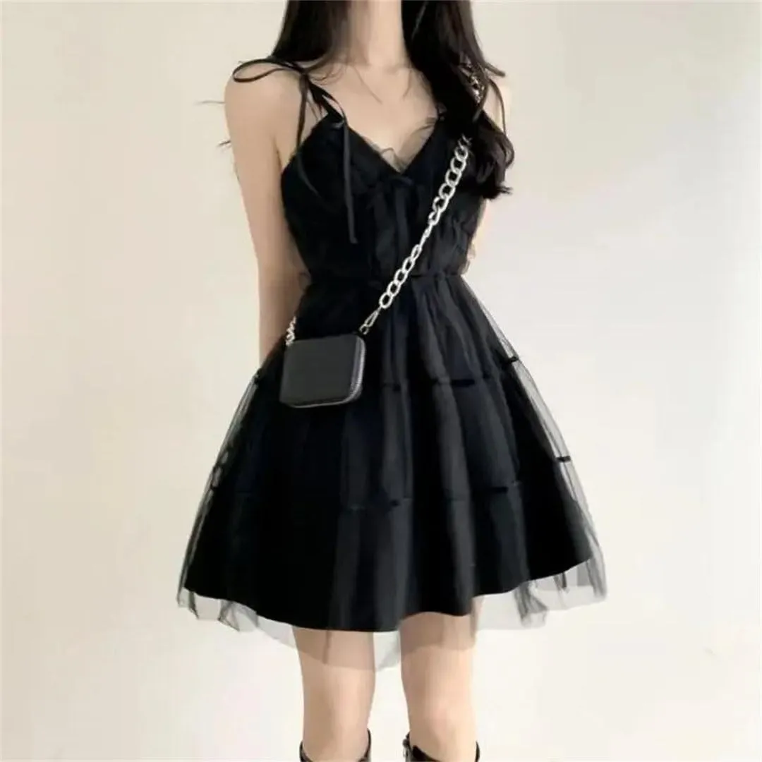 Women Summer Black Mesh Ball Gown Dresses Sleeveless Strapless Neck Party Sexy Mini Dress