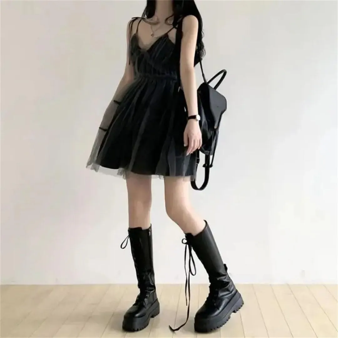 Women Summer Black Mesh Ball Gown Dresses Sleeveless Strapless Neck Party Sexy Mini Dress