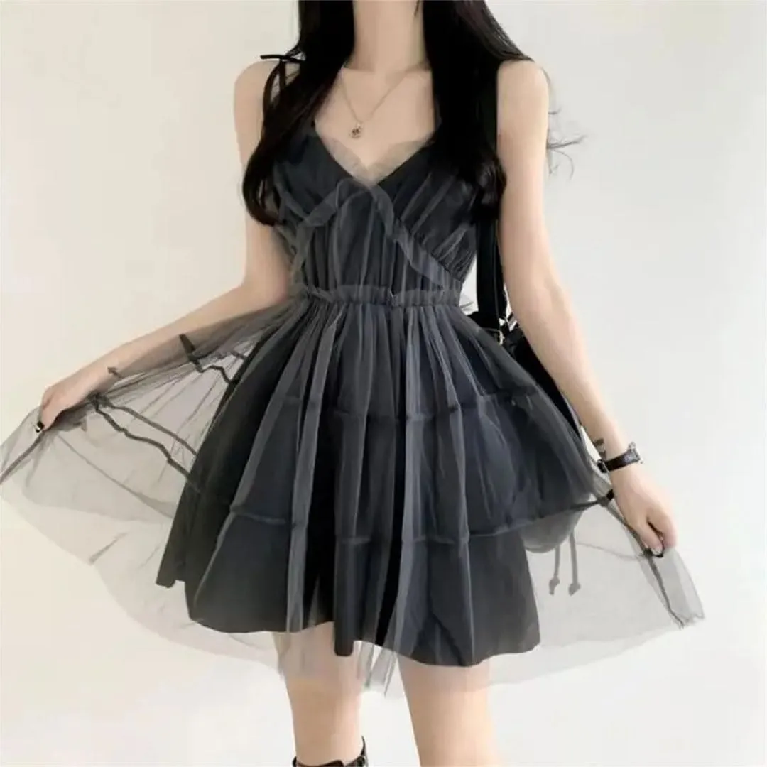 Women Summer Black Mesh Ball Gown Dresses Sleeveless Strapless Neck Party Sexy Mini Dress