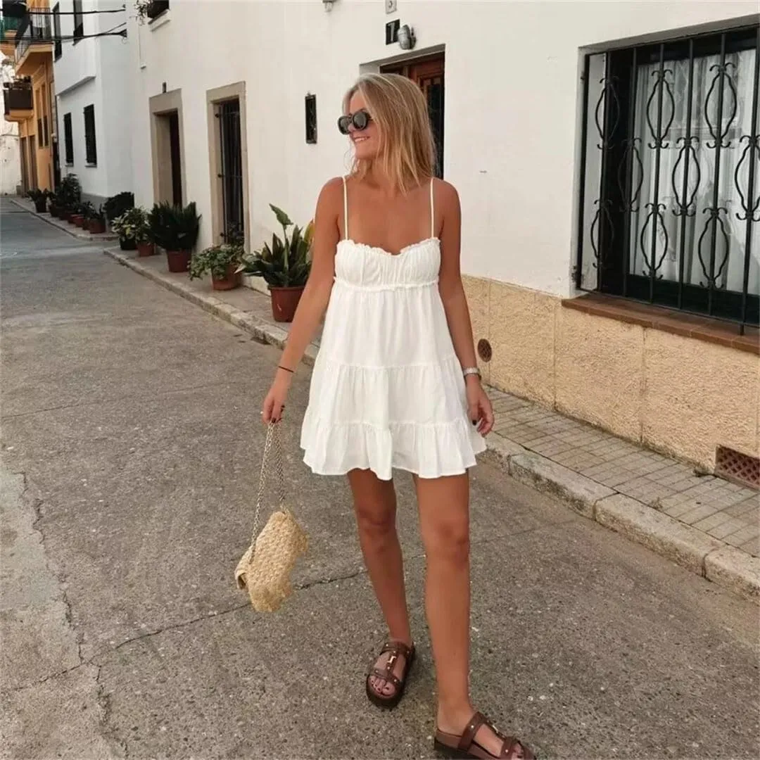 Women Summer Product Sleeveless Sexy Midi Layered Splicing Strap Short Dress