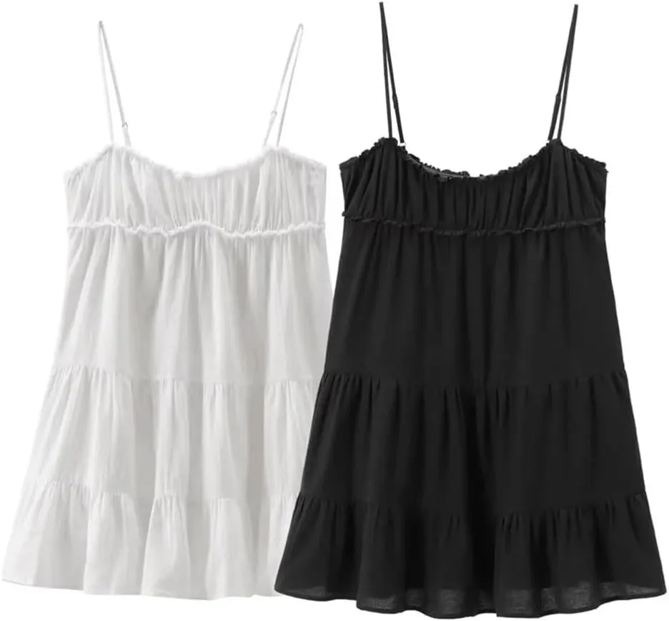 Women Summer Product Sleeveless Sexy Midi Layered Splicing Strap Short Dress