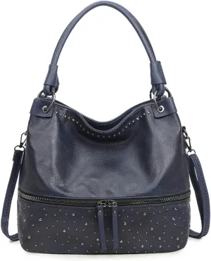 Women Tote Bag Rivets Handbags PU Leather Fashion Hobo Shoulder Bags with Adjustable Shoulder Strap