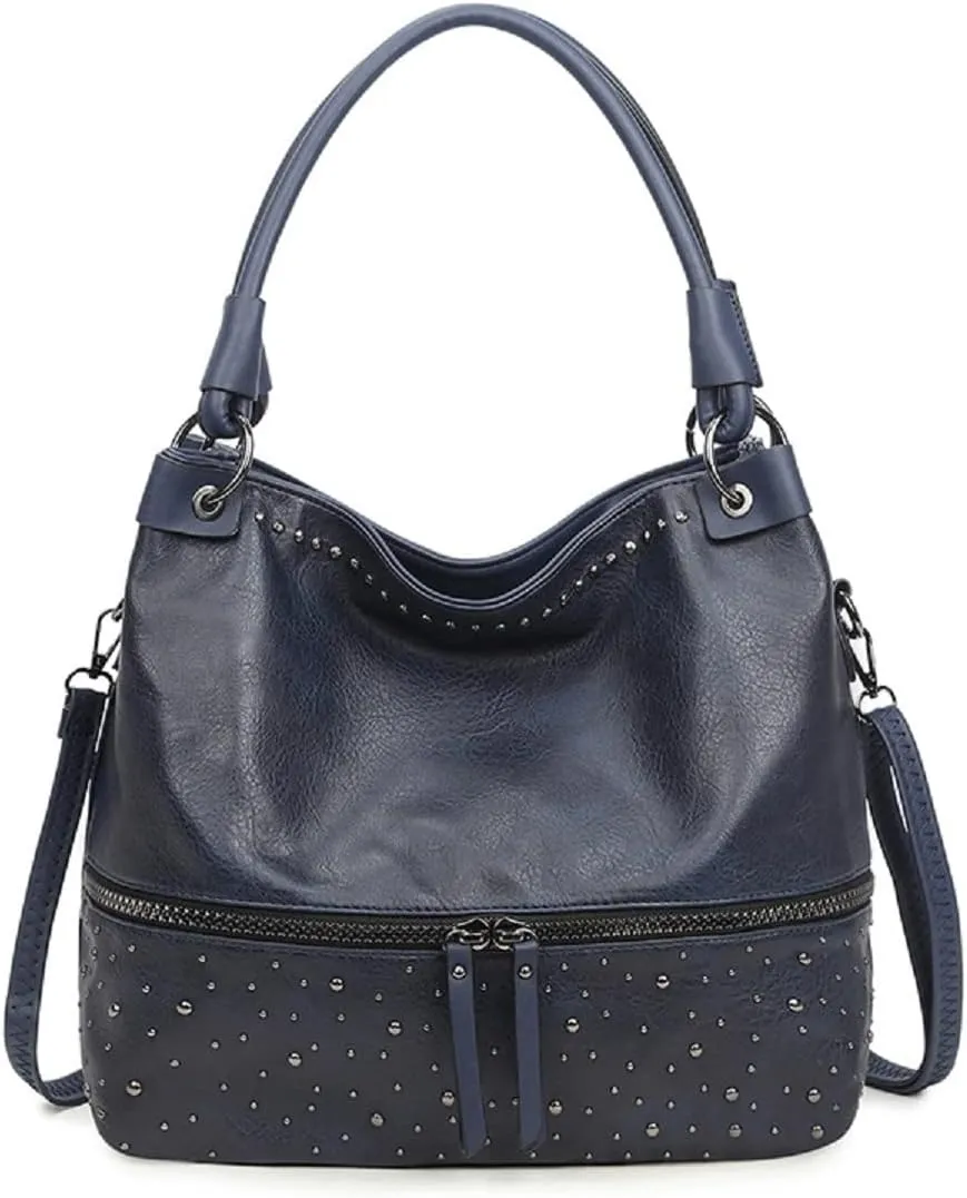 Women Tote Bag Rivets Handbags PU Leather Fashion Hobo Shoulder Bags with Adjustable Shoulder Strap