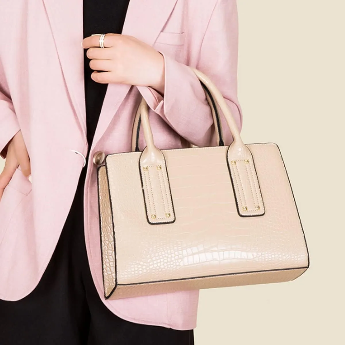Womens 3 Pcs Handbag Set Clutch Crocodile Pattern Purse Fashion Leather Top Handle Tote Satchel Crossbody Bag Wallet
