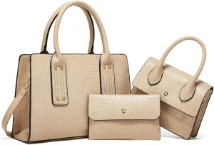 Womens 3 Pcs Handbag Set Clutch Crocodile Pattern Purse Fashion Leather Top Handle Tote Satchel Crossbody Bag Wallet
