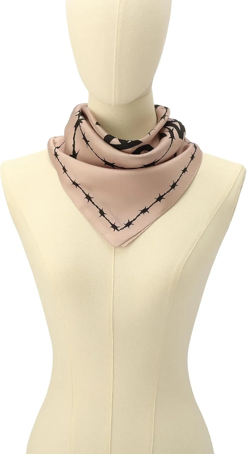 womens Barb Large Bandana, Silk Head Scarf With Barbwire Design, Lightweight Fabric