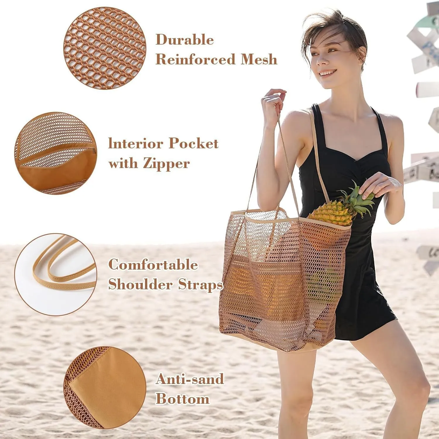 Women's Beach Bag Mesh Handbag High Capacity Travel Go Out Swimming Bag Multifunctional Single Shoulder Bag