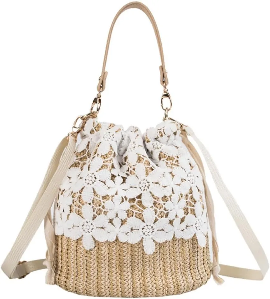 Women‘s Beach Bag Straw bags Soft Beige Lace Woven Rope Lace Large Capacity Handbag For Beach Casual Outfits