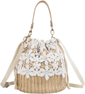 Women‘s Beach Bag Straw bags Soft Beige Lace Woven Rope Lace Large Capacity Handbag For Beach Casual Outfits
