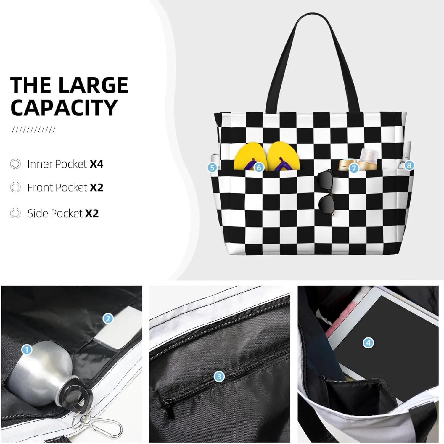 Women's Beach Tote Bag Large Waterproof Travel Bags with Pockets Sandproof Handbag for Camping Gym Pool