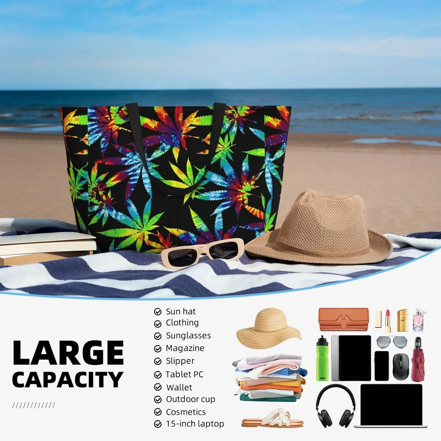 Women's Beach Tote Bag Large Waterproof Travel Bags with Pockets Sandproof Handbag for Camping Gym Pool