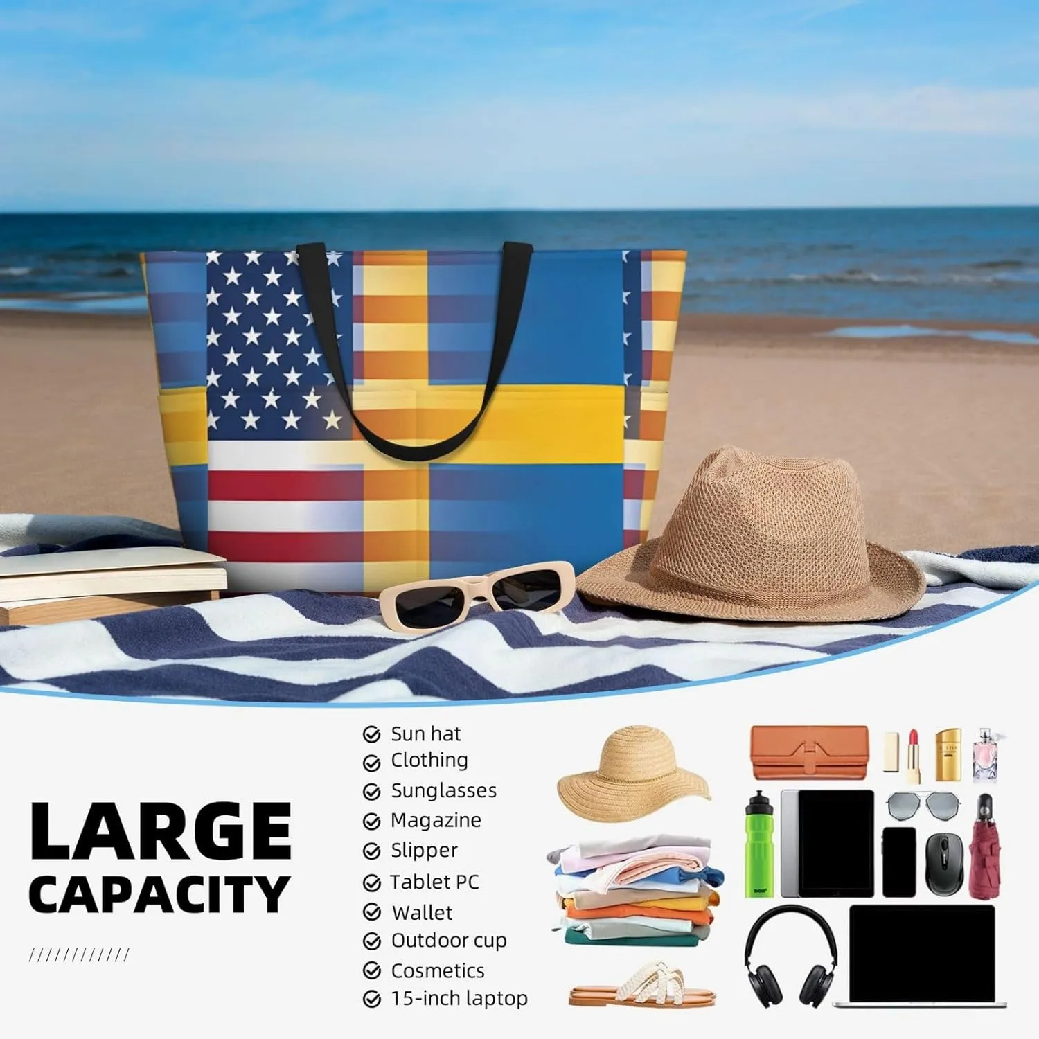 Women's Beach Tote Bag Large Waterproof Travel Bags with Pockets Sandproof Handbag for Camping Gym Pool