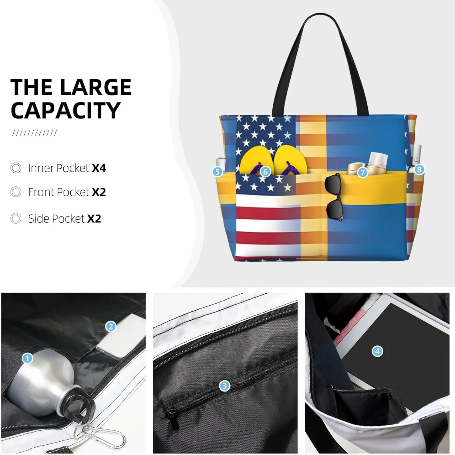 Women's Beach Tote Bag Large Waterproof Travel Bags with Pockets Sandproof Handbag for Camping Gym Pool