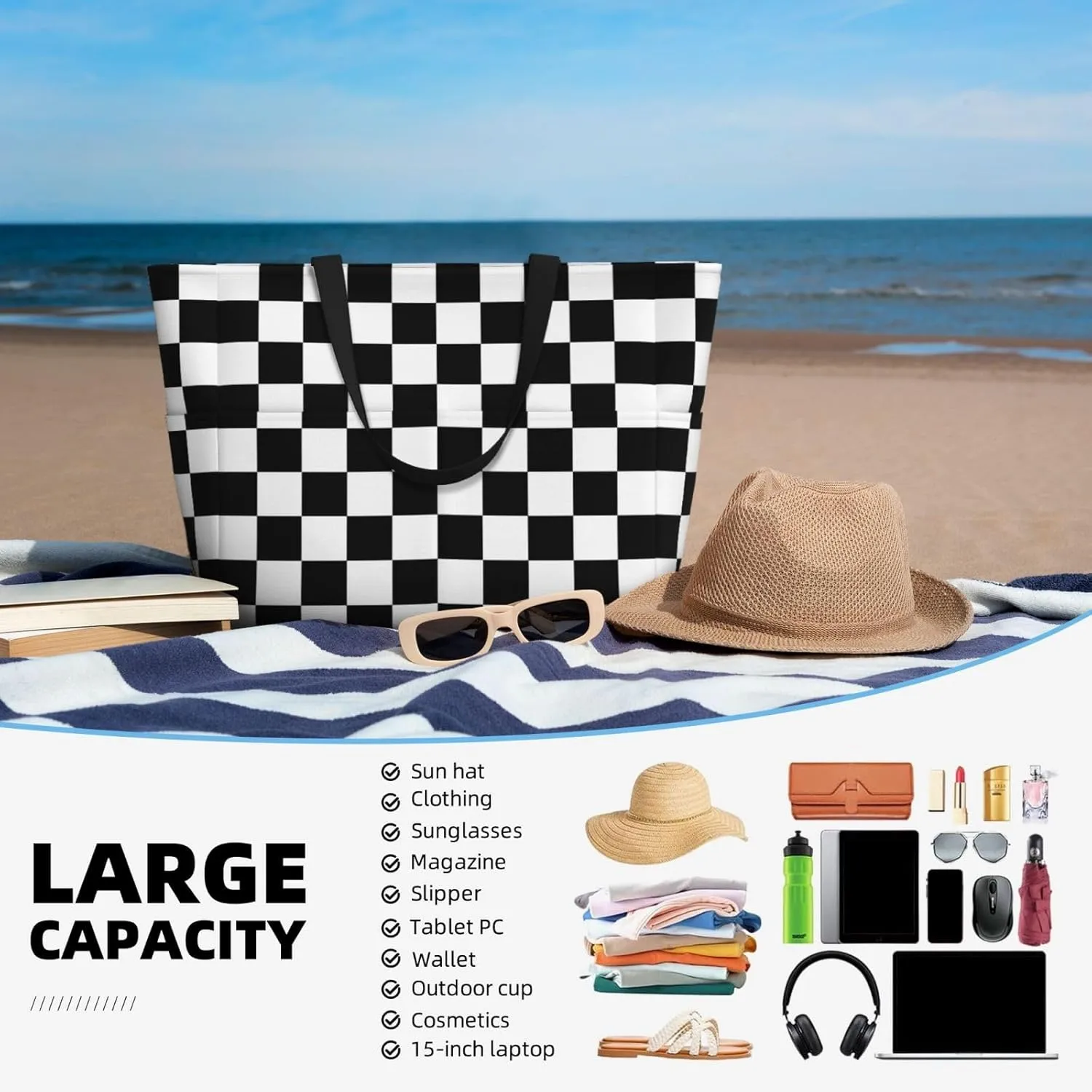 Women's Beach Tote Bag Large Waterproof Travel Bags with Pockets Sandproof Handbag for Camping Gym Pool