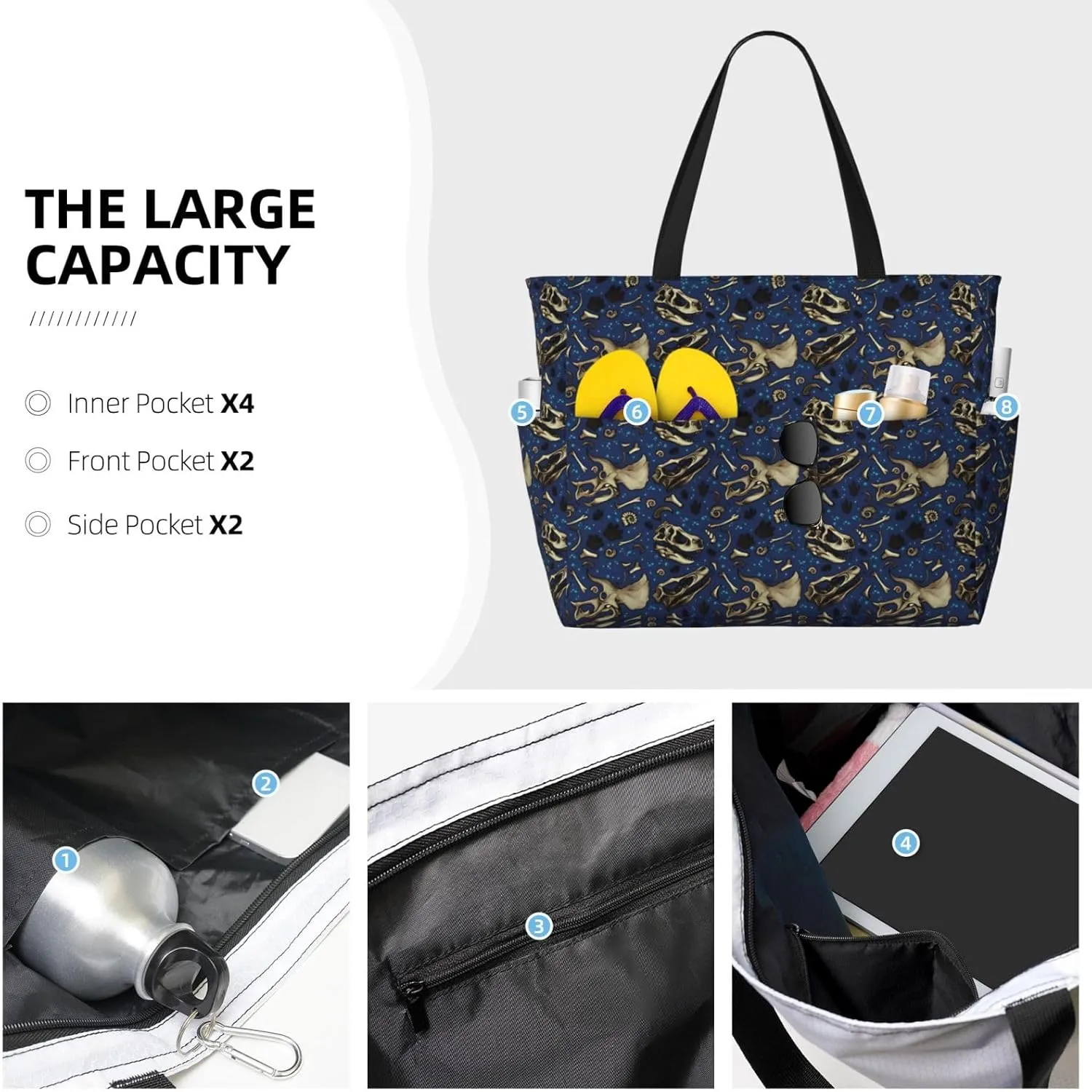 Women's Beach Travel Bags Large Waterproof Tote Bag with Pockets Sandproof Handbag for Beach Gym Vacation