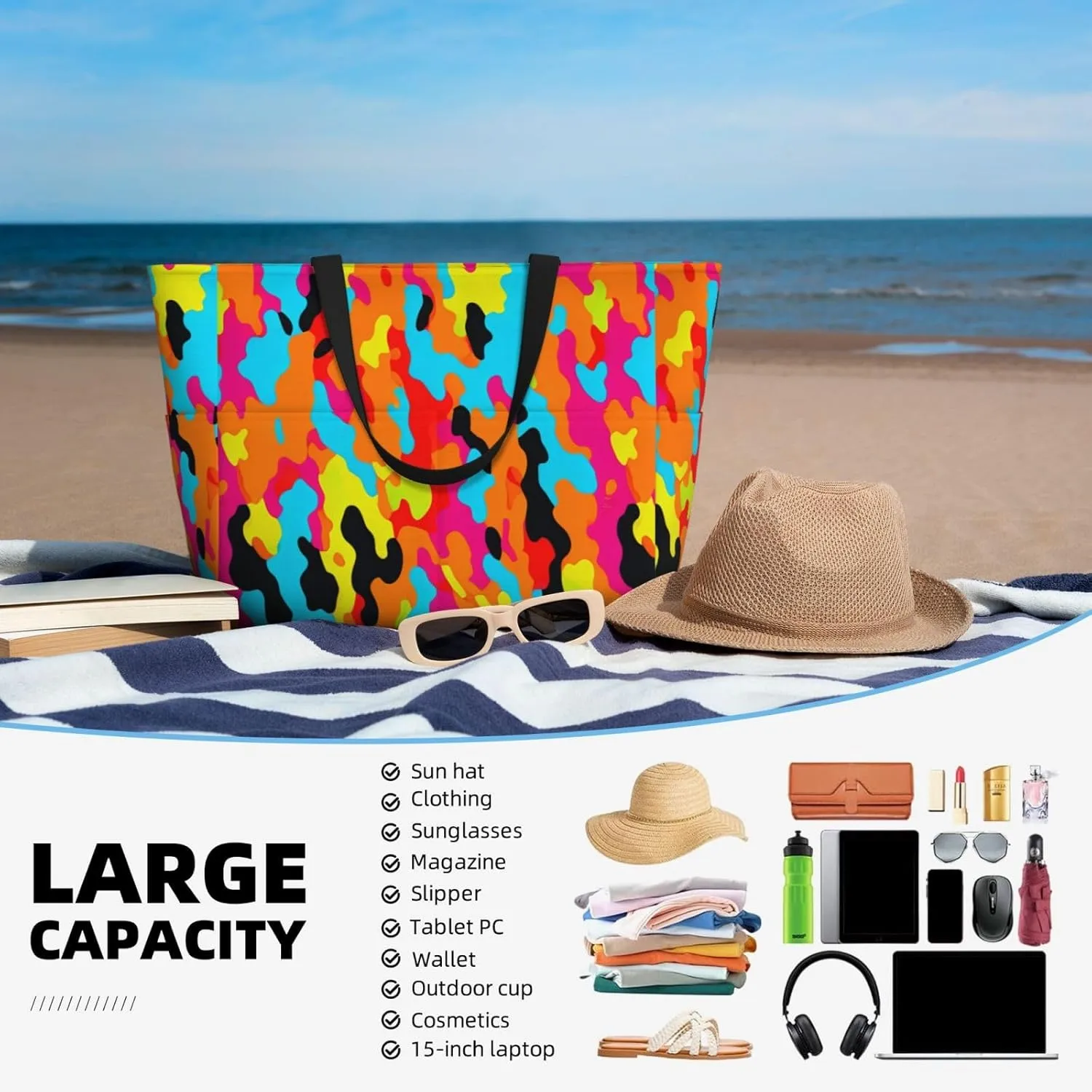 Women's Beach Travel Bags Large Waterproof Tote Bag with Pockets Sandproof Handbag for Beach Gym Vacation