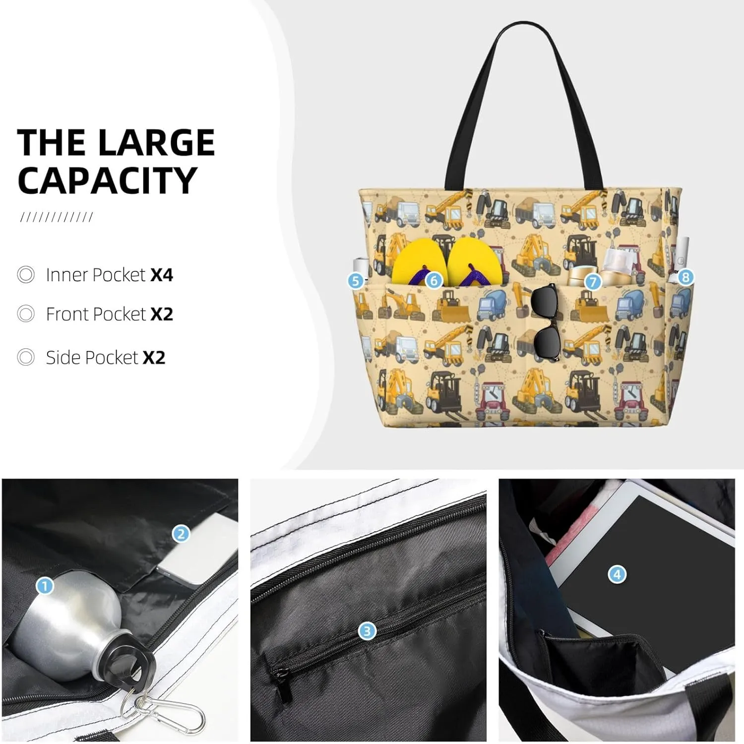 Women's Beach Travel Bags Large Waterproof Tote Bag with Pockets Sandproof Handbag for Beach Gym Vacation