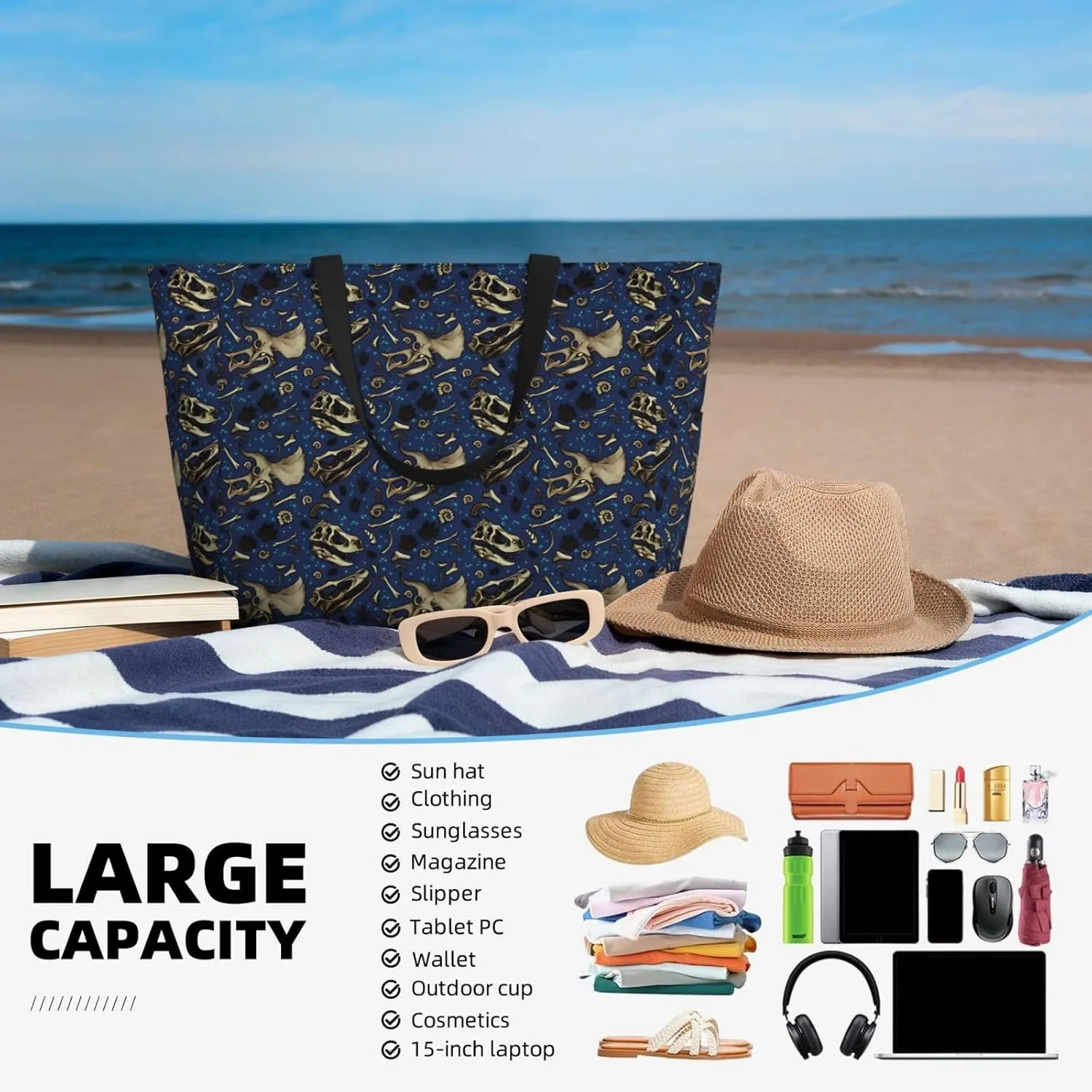 Women's Beach Travel Bags Large Waterproof Tote Bag with Pockets Sandproof Handbag for Beach Gym Vacation