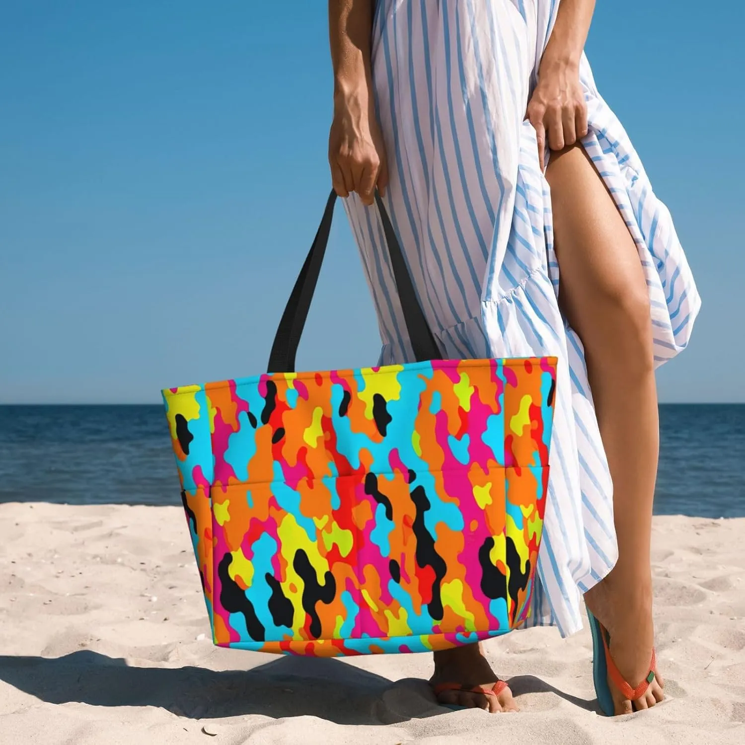 Women's Beach Travel Bags Large Waterproof Tote Bag with Pockets Sandproof Handbag for Beach Gym Vacation