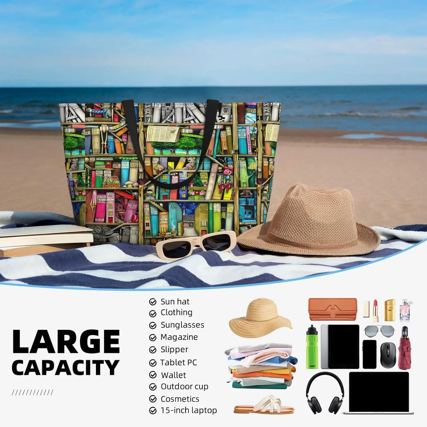 Women's Beach Travel Bags Large Waterproof Tote Bag with Pockets Sandproof Handbag for Beach Gym Vacation
