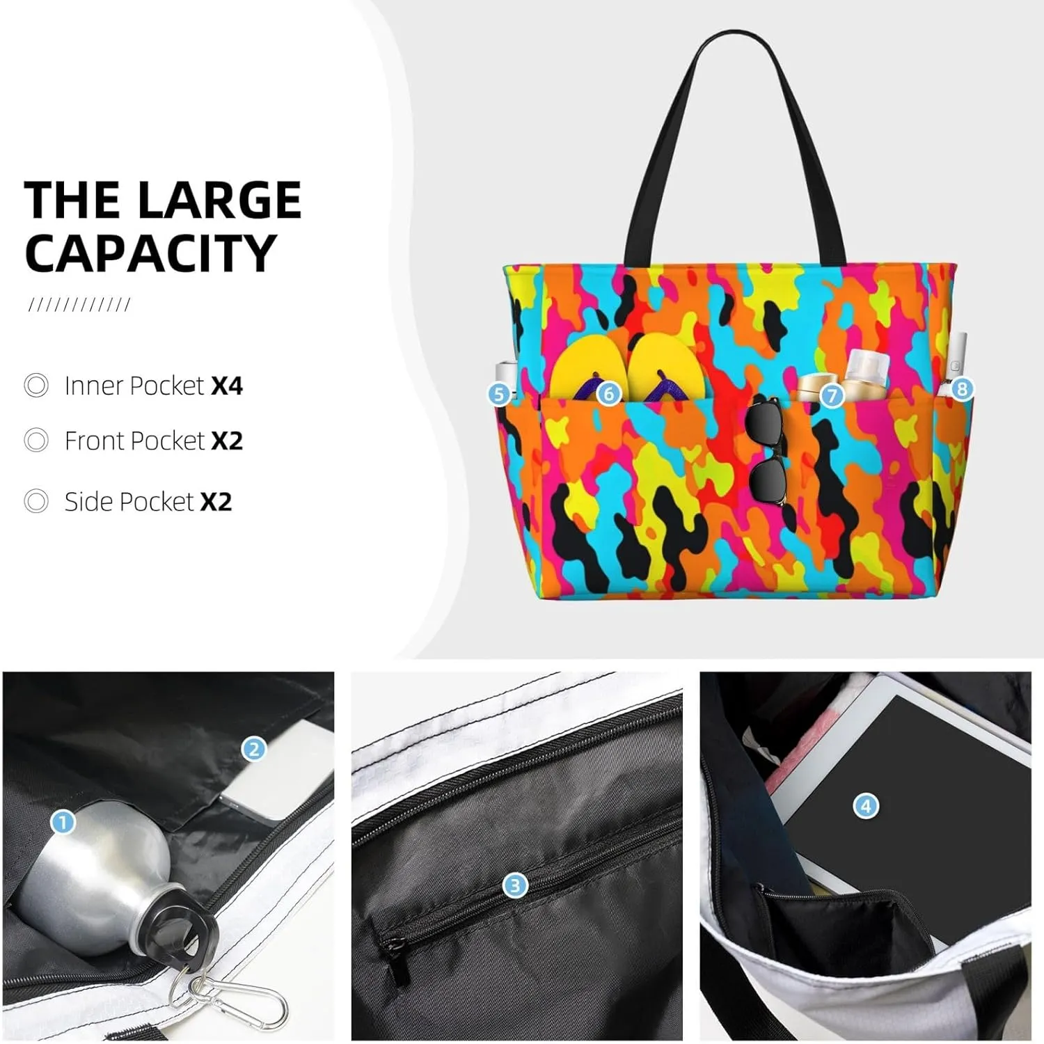 Women's Beach Travel Bags Large Waterproof Tote Bag with Pockets Sandproof Handbag for Beach Gym Vacation