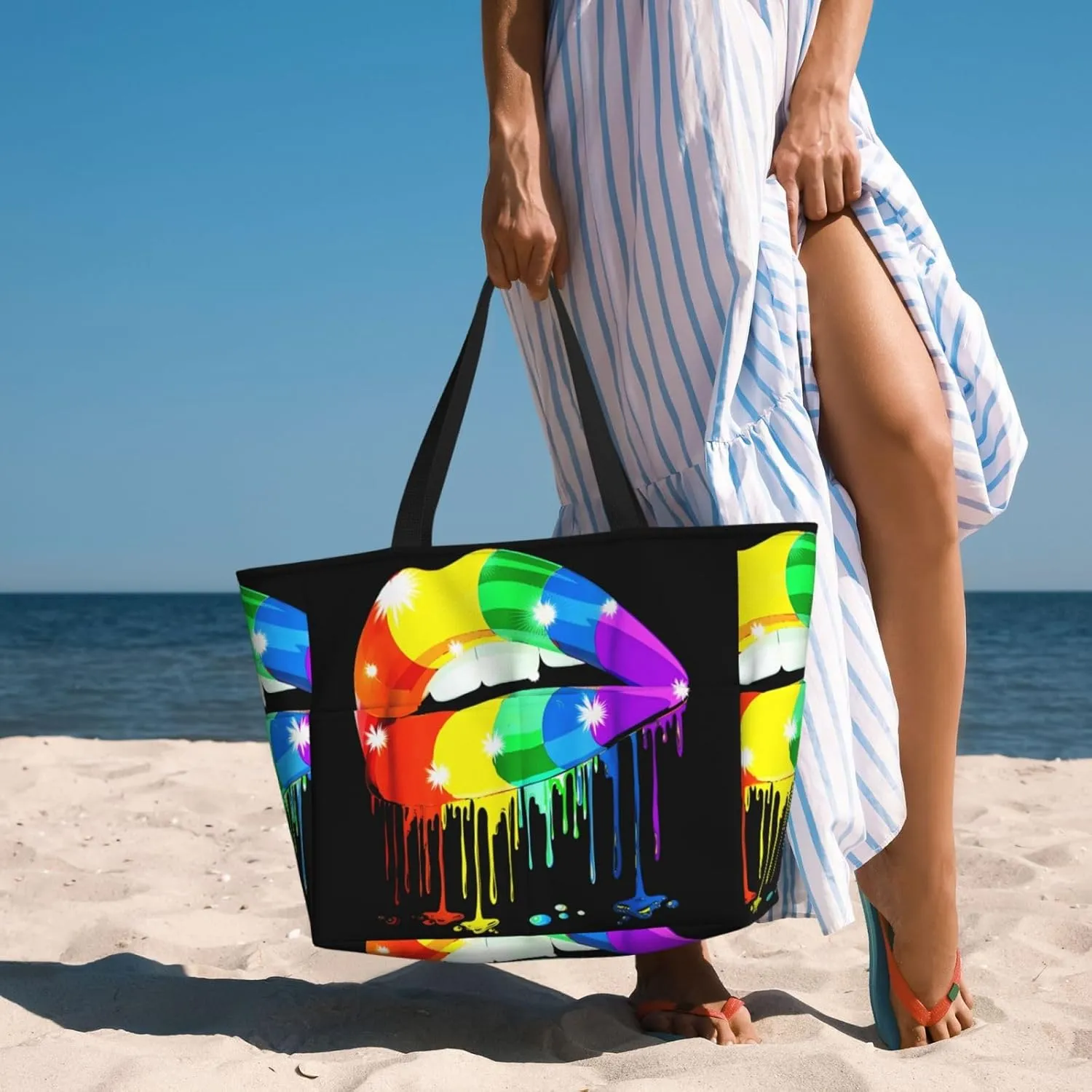 Women's Beach Travel Bags Large Waterproof Tote Bag with Pockets Sandproof Handbag for Beach Gym Vacation