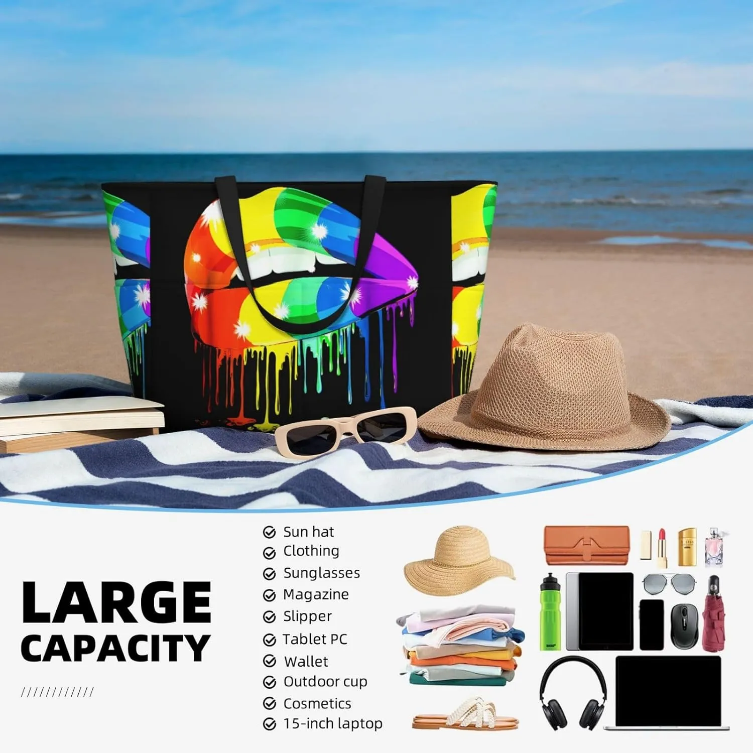 Women's Beach Travel Bags Large Waterproof Tote Bag with Pockets Sandproof Handbag for Beach Gym Vacation