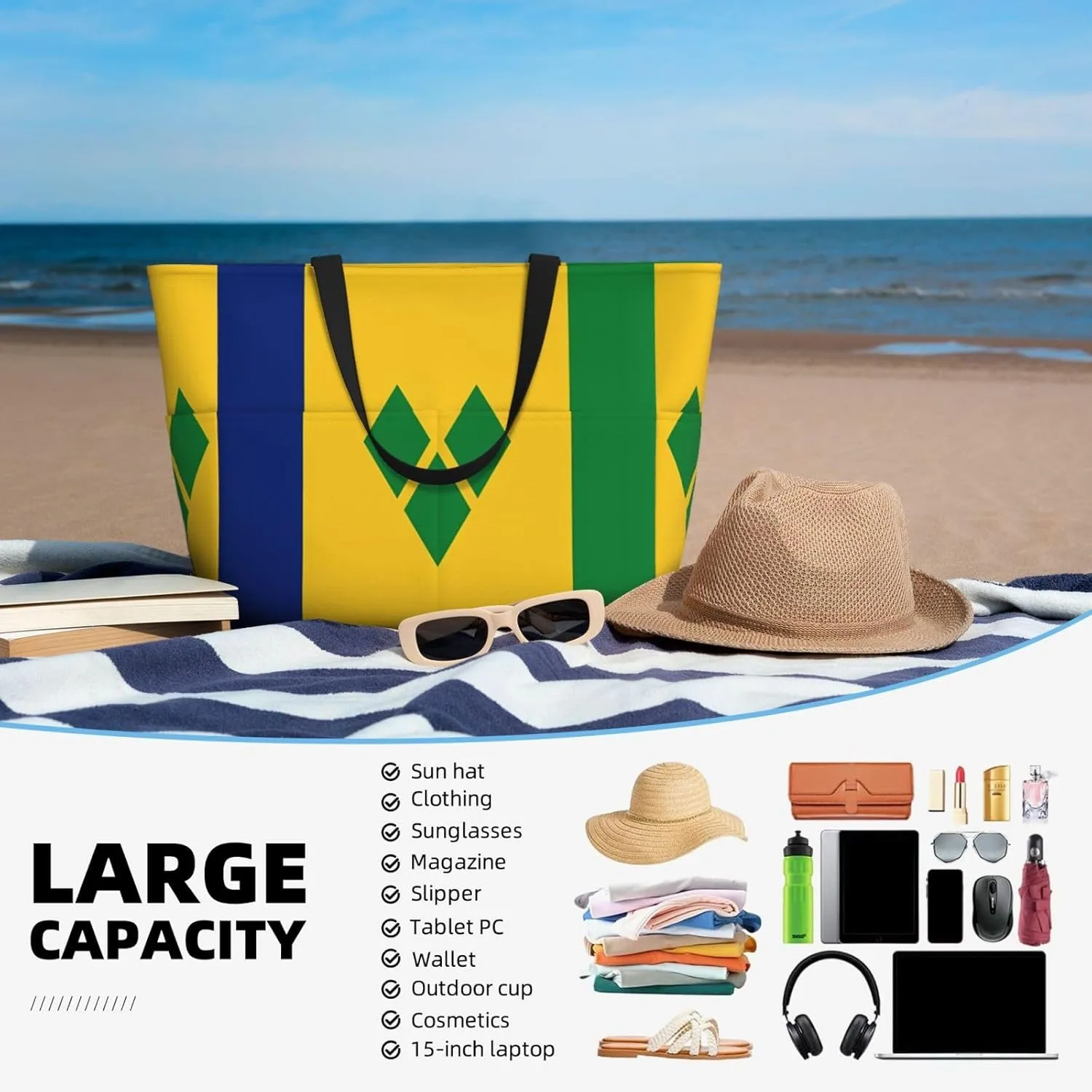 Women's Beach Travel Bags Large Waterproof Tote Bag with Pockets Sandproof Handbag for Beach Gym Vacation